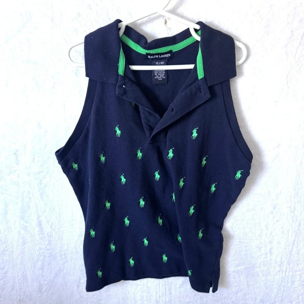 Ralph Lauren Polo Shirt All Over Pony Logo‎ XL 16 Navy Blue Kids